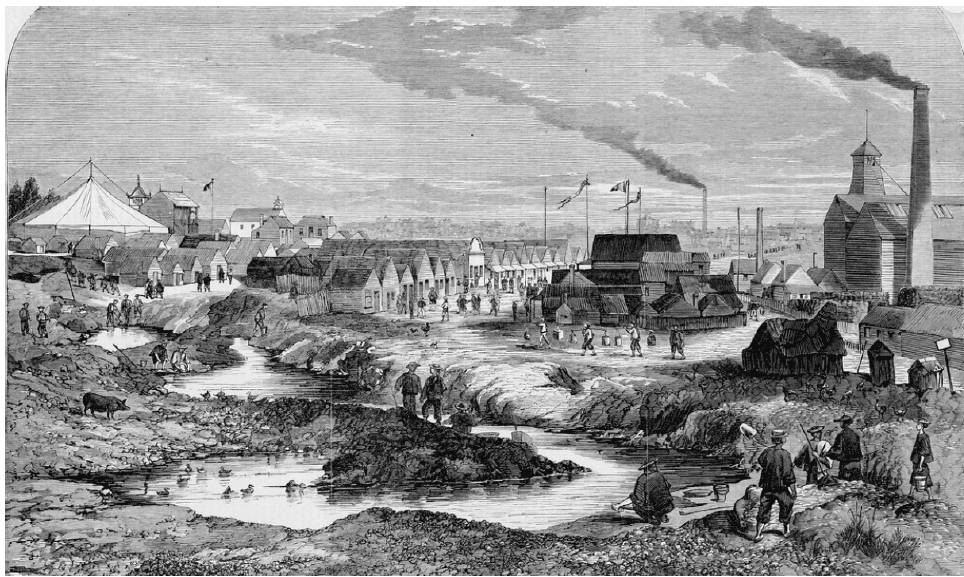 artistic interpretation of Chinese Quarter, Ballarat, depicts the settlement in proximity to gold workings, published in the Illustrated Australian News 1868